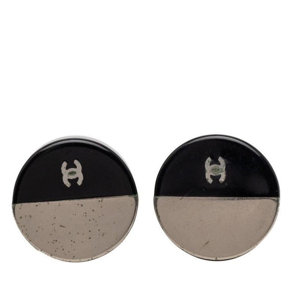 Chanel CC Logo Bicolor Metal Enamel Pierced Earrings Black